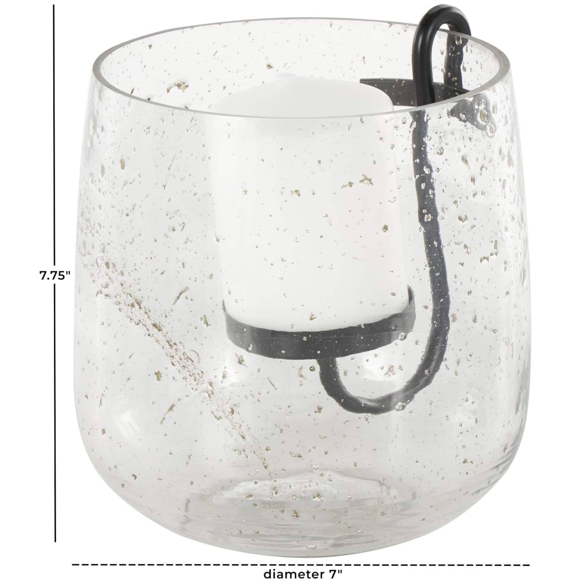 7.75" Clear Glass Candle Holder with Black Metal Accents & Brown Speckles